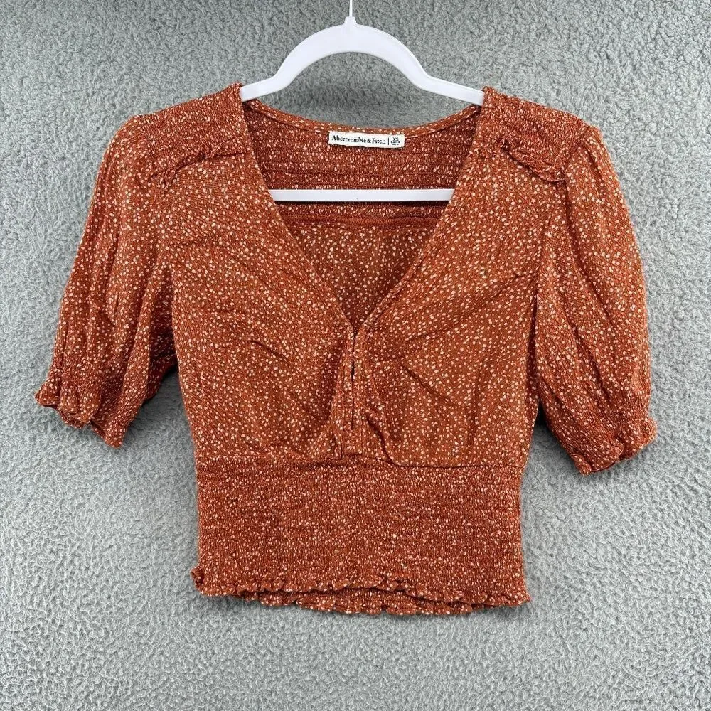 Abercrombie Puff Sleeve Smocked Crop Top Rust Polka Dot XS Boho Cottagecore Y2K